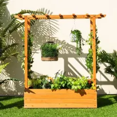 Tangkula Raised Garden Bed Planter Box w/ Side & Top Trellis for Vine Climbing Plants