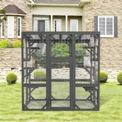 Outdoor Wooden Catio Cat Enclosure &ndash; 60" Large Feral Cat House with Platforms, Grey