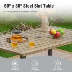 Captiva Designs 7pc Patio Slatted Top Steel Dining Table with Umbrella Hole & Cushioned Armrest Rattan Chairs