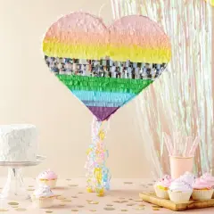 Sparkle and Bash Pull String Rainbow Heart Pinata for Pastel Birthday Party Decorations, Small, 15.7 x 13 x 3 In