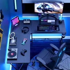 Mr Ironstone Gaming Desk with LED Lights, L Shaped Desk Corner with Cup Holder & Headphone Hook, Computer Desk Home Office Desks with Monitor Stand