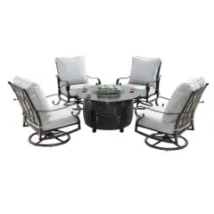 5pc Set with 44" Round Outdoor Aluminum Fire Table & Four Swivel Rocking Chairs & Wind Blocker Lid - Oakland Living