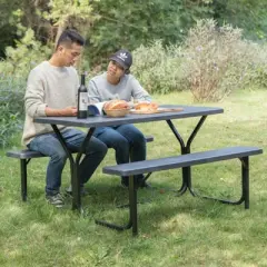 Gardenised Outdoor Gray Woodgrain Picnic Table Set with Metal Frame, 5 Feet Long
