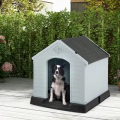 Costway Enduring Waterproof Plastic Dog House Puppy Shelter w/Sloping Roofs Indoor Outdoor Dog House