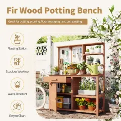 Garden Potting Bench Table Outdoor Patio Workstation with Drawer, Shelves, Cabinet, Pegboard with Hooks, Fir Wood Frame,Natural/White/Brown-ModernLuxe
