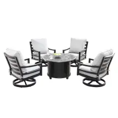 5pc Outdoor Fire Table Set with Geometric 44" Round Fire Table, 4 Deep Seating Swivel Rocking Chairs & Table Fabric Covers - Oakland Living