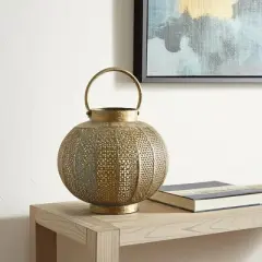 HomeRoots 9" Bronze And Green Distressed Lattice Metal Tabletop Lantern Candle Holder