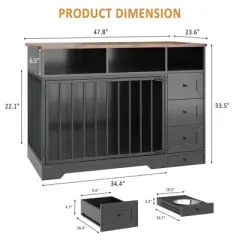 48 Inch Dog Crate Furniture, Indoor Dog Kennel with Hidden Bowl, 3 Drawers and 3 Open Drawers, Decorative Pet Crate for Large Dogs
