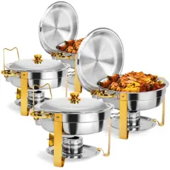 ROVSUN 5 Qt 2 Pack Gold Round Chafing Dishes for Buffet with Lid Holder, Buffet Warmer Set for Party