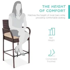 Best Choice Products Set of 2 Wicker Bar Stools w/ Cushion, Footrests, Armrests for Patio, Pool, Deck