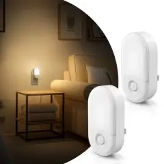 DORESshop 4-Pack 0.6W Plug-in Warm Night Light with Half-Diffuser, Horizontal Wall Lamp, Light Sensor & Two-Level Dimmer, US Dual Plug
