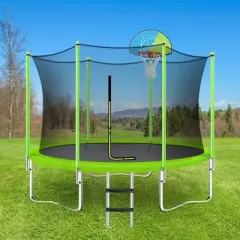 Whisen 8FT Round Trampoline for Kids, Safety Net, Basketball Hoop & Ladder, Easy Assembly Outdoor Play