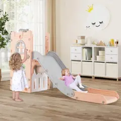 Costway 6 in 1 L-shaped Toddle Slide for Toddlers Age 1-3 Baby Slide with Basketball Hoop Gray + Pink/Gray + White/Yellow + Green