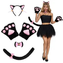 Joyfy 5 Pcs Kitty Cat Halloween Costume Accessory Set for Adult, Kids, Cat Ears Headband, Paws Gloves, Bow Tie, Tail, Cosplay Dress Up Party