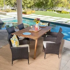 Christopher Knight Home Saba Outdoor Wicker and Acacia Wood 7 Piece Dining Set with Cushion