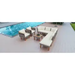 FIONECA 9-Piece Outdoor Patio Rattan Furniture Set with Acacia Wood Legs & Tabletop, PE Rattan Sectional Sofa & Coffee Table, Beige Cushions