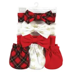 Hudson Baby Infant Girl Cotton Headband and Scratch Mitten Set, Fancy Plaid Snowflake, 0-6 Months