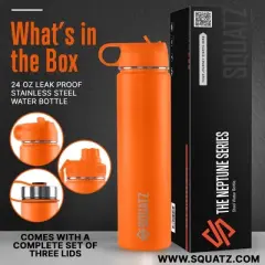 SQUATZ 24 Oz Neptune Series Steel Water Bottle, Stainless Double Wall Vacuum Insulated Flask with Handle Strap