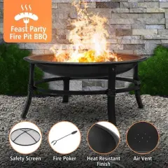 SINGLYFIRE 26" Stainless Steel Round Wood Fire Pit Outdoor Burning Fire Bowl with Spark Screen Black
