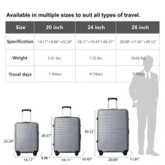 MAYEERTY 3 Piece Lightweight Luggage Set, PP Hardshell Carry on Suitcase with Spinner Wheels & TSA Lock, Gray - 20"/24"/28"