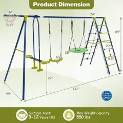 Costway Swing Set for Backyard with 2 Height Adjustable Swings Glider Basketball Hoop
