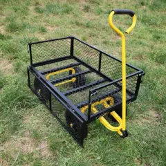 FURNIinspire Wheelbarrows And Lawn Carts Tools Cart Wagon Cart, Garden Cart Trucks With Solid Wheels And Yellow Handle, Black, 37&ldquo;*19"*40"