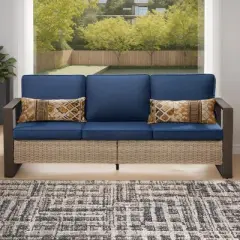COWLOWN Dark Blue Outdoor Rattan Patio Sofa, 3-Seat Wicker Couch with Armrests and Cushions, Weather-Resistant Furniture for Backyard, Garden, Porch