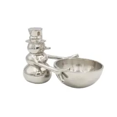 Storied Home Cast Aluminum Snowman Holding Bowl, Nickel Finish