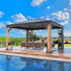 EROMMY 12' x 14' Ultra-Thick Columns and Beams Hardtop Gazebo, Faux Wood Grain Metal Gazebo with Storage Shelves, Vertical Stripe Galvanized Iron Roof