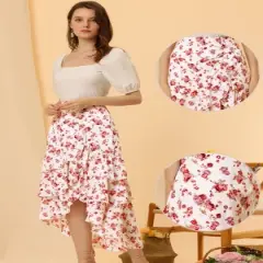 Allegra K Women's Floral Elastic Waist Flowy High Low Hem Layered Ruffle Skirt