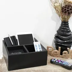 AuldHome Design Remote Control Caddy w/ Coasters, 6pc Set; Wood 3-Compartment Caddy w/ Coaster Set