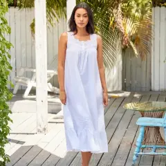 Women's Cotton Victorian Nightgown, Gwendoline Sleeveless Lace Trimmed Button Up Long Vintage Night Dress Gown