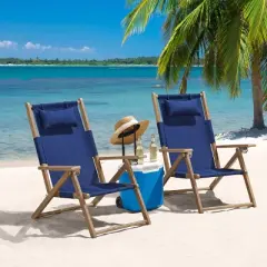 Set of 2 Outdoor Weather-Resistant Wood Folding Beach Chairs with Carry Straps and Reclining Seat by Lavish Homes