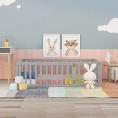 Twin/Full/Queen Size Wood Floor Bed Frame with Fence and Door - ModernLuxe