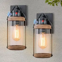 C Cattleya Black and Woodgrain Motion Sensing Dusk to Dawn Outdoor Wall Lantern Sconces(2-Pack)