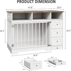Acekool 48" Farmhouse Dog Crate - Kennel with Storage & Feeding Bowls (