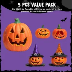 Joyfy 5 Packs Halloween Light up Jack-o&rsquo;-Lantern Combo Set, Pumpkin Prop with LED Light Halloween Tabletop Decorations Props  Decor