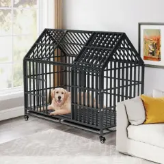 FURNIinspire Pet Crates and Houses 54 Inches Heavy Duty Dog Cage with Removable Roof and Wheels for Comfortable Pet Living, Black, 46"*29.5"*54"