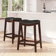 Merrick Lane 30'' Backless Saddle Style Barstool Traditional Cappuccino Finish Wood Barstool in Black Faux Leather with Nail Accent Trim