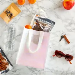 Sparkle and Bash 20 Pack Medium Reusable Tote Bags with Handles, Pink Holographic Grocery Shopping Bags, 10 x 8 In