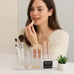 Nonslip Cosmetic Organizer with Drawer, 16 Compartment Clear Makeup, Skincare & Jewelry Storage Box for Lipsticks, Brushes & Beauty Essentials