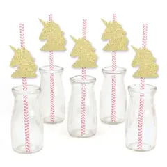 Big Dot of Happiness Gold Glitter Unicorn Party Straws - No-Mess Real Gold Glitter Cut-Outs & Baby Shower or Birthday Party Paper Straws - Set of 24