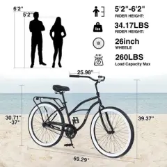 Cruiser Bikes, Single Speed Bicycles 26"Inch,Steel Frame, Wide Wheels for Stability, Rear Coaster Brakes,Multiple Colors Men's Beach Cruiser Bike