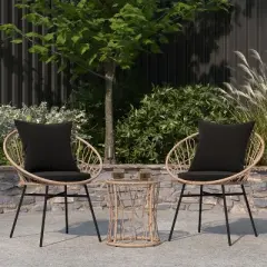 Merrick Lane 3 Piece Patio Set with Rope Rattan Chairs, Matching Glass Top Side Table and Cushions for Indoor/Outdoor Use