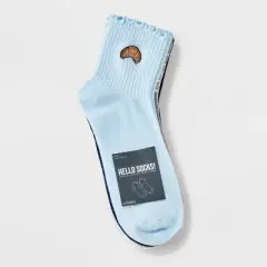 Women's Lettuce Edge Embroidered Croissant & Gingham Check 4pk Ribbed Ankle Socks - Blue/Heather Gray/Navy 4-10