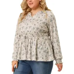 Agnes Orinda Women's Plus Size Floral Ruffle Neck Drawstring Waist Long Sleeve Peplum Tops