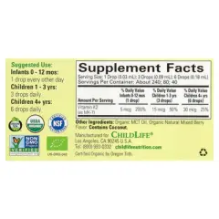 ChildLife Essentials Organic Vitamin K2 Drops, Natural Berry, 5 mcg, 0.25 fl oz (7.5 ml)