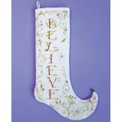 Patience Brewster 28" White and Green Embroidered Christmas Stocking