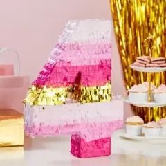 Blue Panda Small Number 4 Pinata for Kids 4th Birthday Party Decorations & Supplies, Pink and Gold 16.5 x 11 in