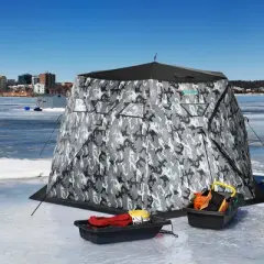 Outsunny 4 Person Insulated Ice Fishing Shelter 360-Degree View, Pop-Up Portable Ice Fishing Tent with Carry Bag, Two Doors and Anchors, Camouflage